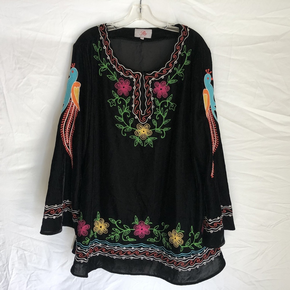 Roja Shirt Womens 2X Black Velvet Embroidered Floral Bird Boho Tunic Top